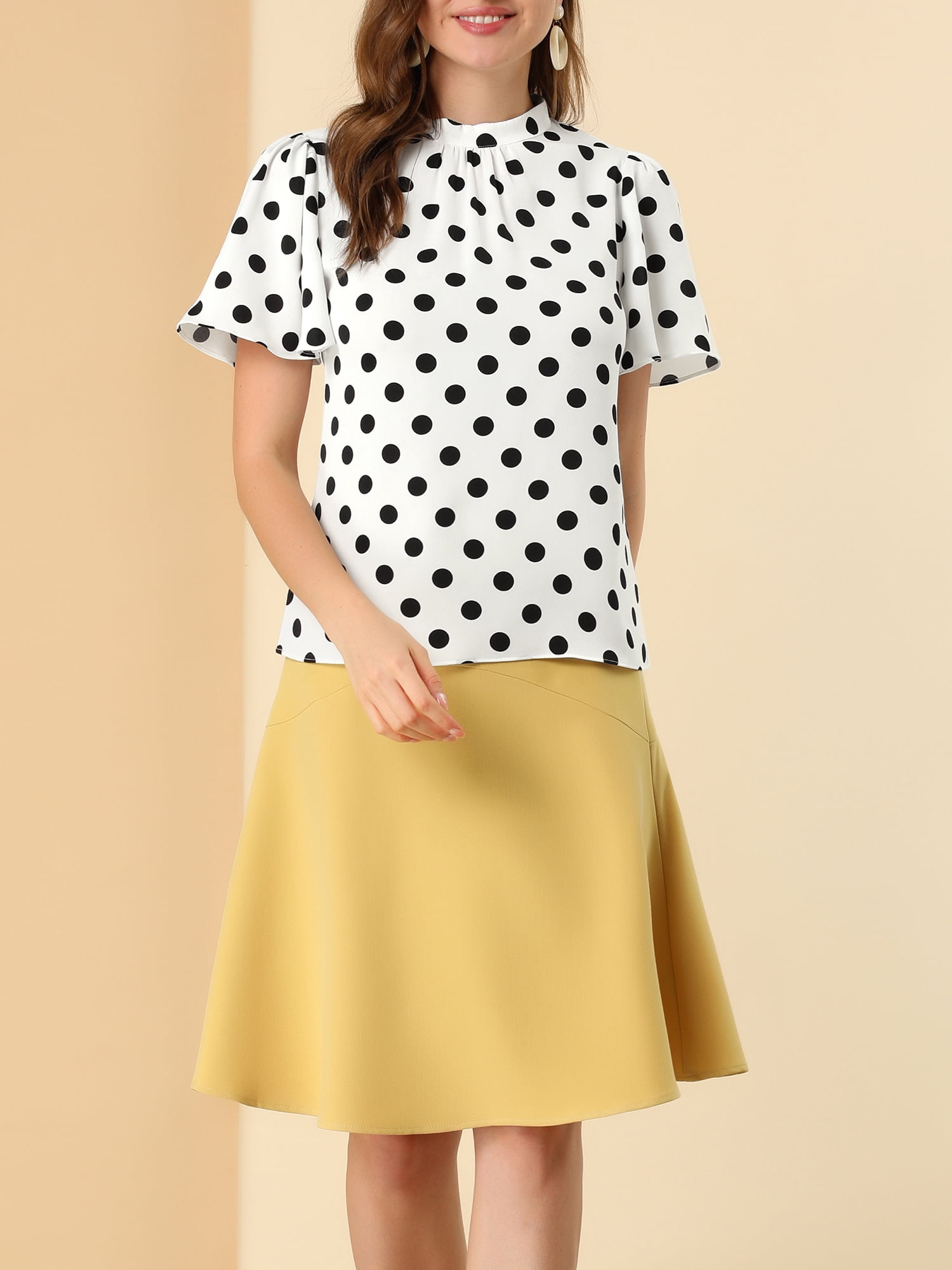 DARING DIVA Polka Dots Stand Collar Short Flare Sleeve Top XS White Black