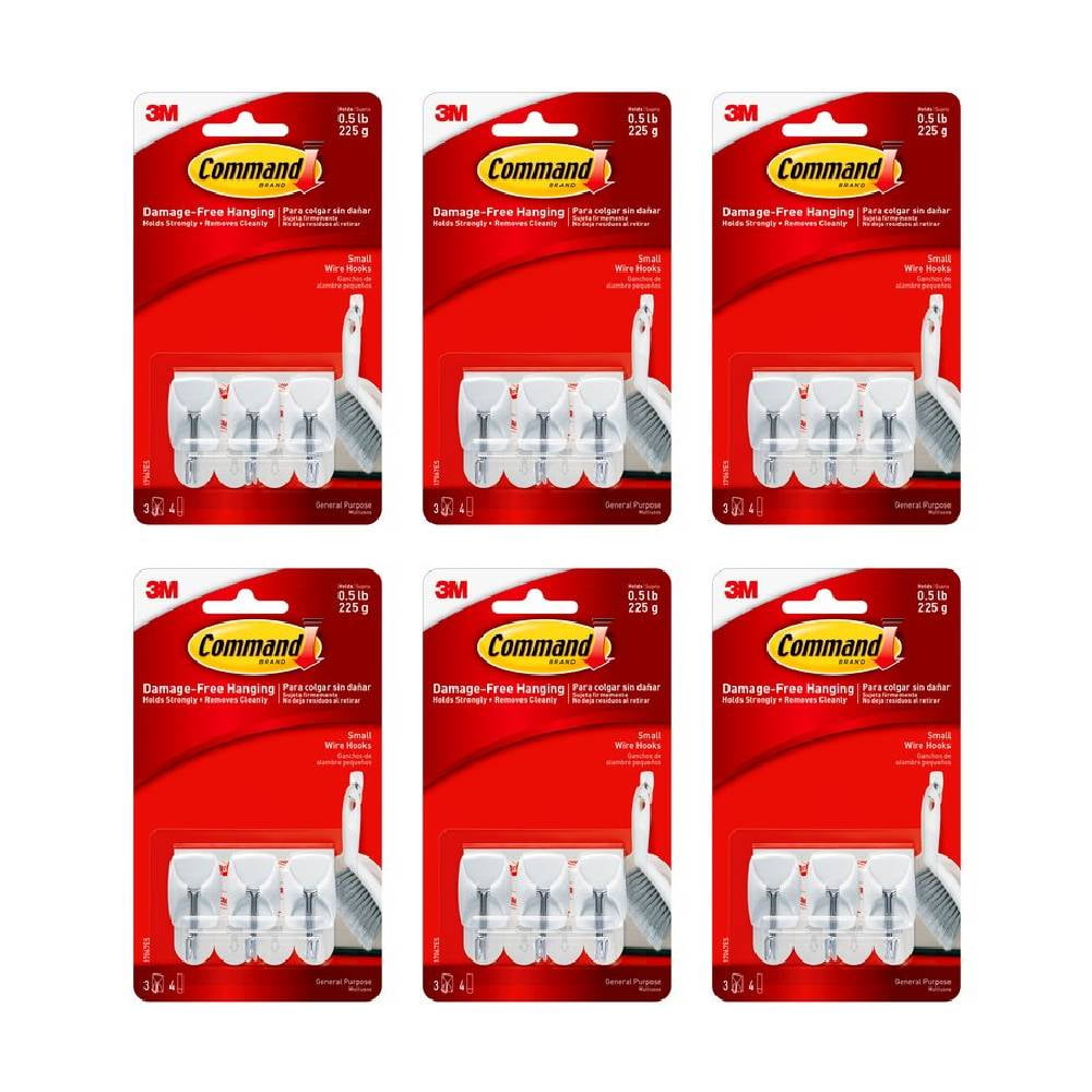 Command Wire Hooks Small Adhesive Damage Free 3 Hooks 4 Strips White, 6-Pack