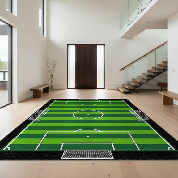 Design&I 8'x10' Washable Area Rug Extra Large Skid-Resistant Low Profile Striped Bold Goal Net Motif Door Center Markings Soccer Field Refined Structured for Living Room, Family