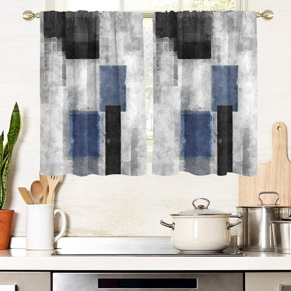 Blue Black Grey Window Curtain for Kitchen Navy White Gray Abstract Geometric Aesthetic Minimalist Living Room Bedroom Bathroom Drapes Treatment Tiers Fabric 1 Pair, 27.5" W x 45" L, Modern