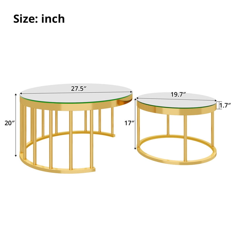 Round Nesting Coffee Table Set of 2, Modern Golden Metal Frame Accent Circular Cocktail Table with Mirrored Table Top