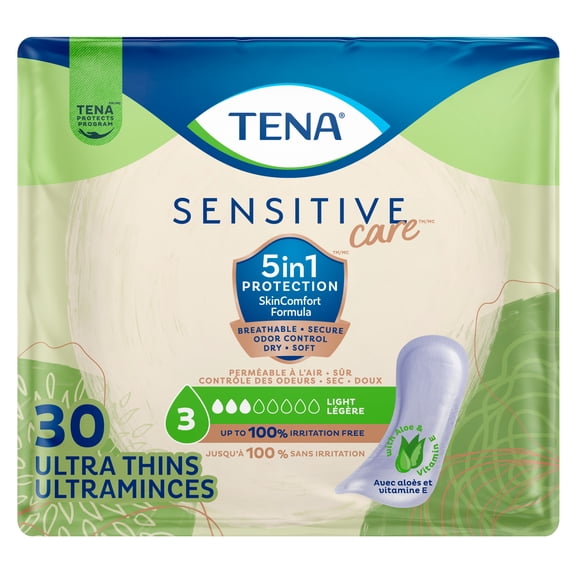 TENA Sensitive Care Ultra Thin Light Incontinence Pads, Regular, 30 Count
