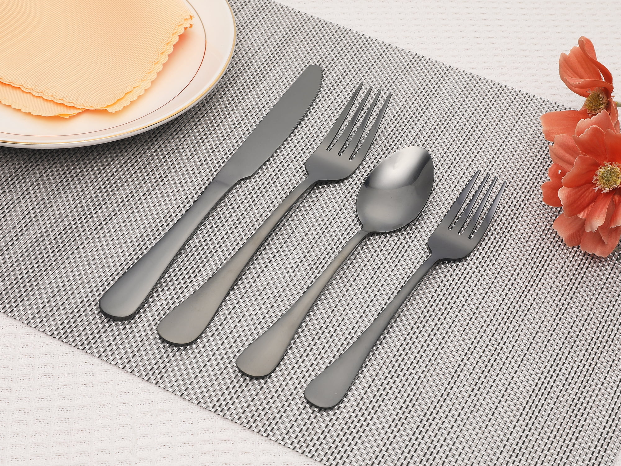 Unique Bargains 20 Pcs Stainless Steel Flatware Set Mirror Polished Cutlery Black