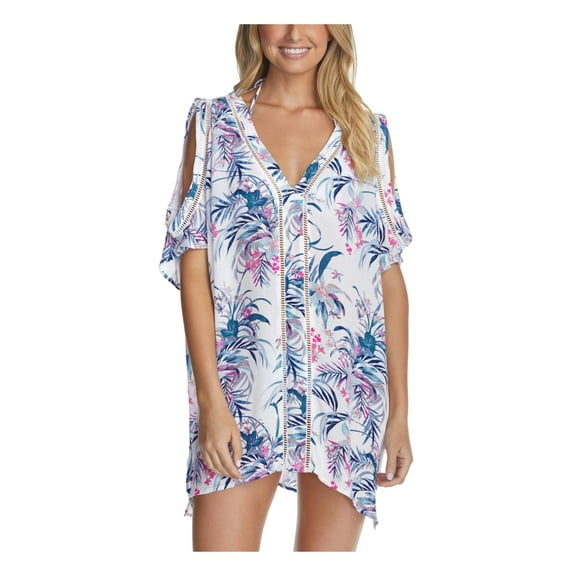 RAISINS Women's White Tropical Print Caftan Cold Shoulder Deep V Neck Crochet Paraiso Swimsuit Cover Up L