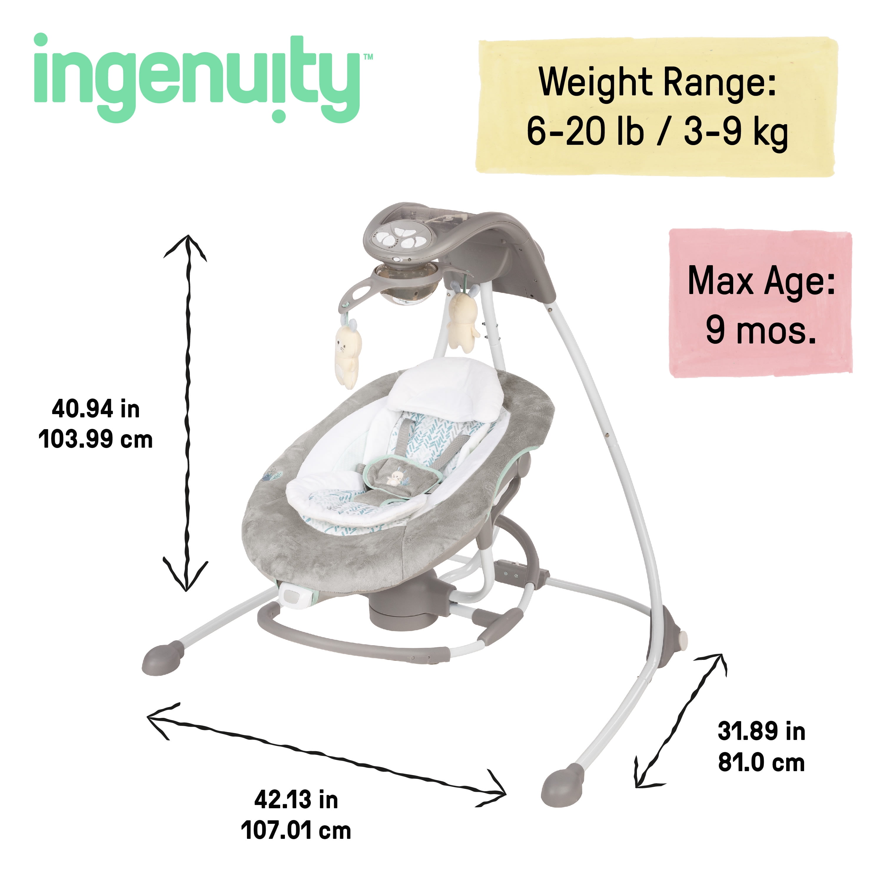 Ingenuity InLighten 2-in-1 Baby Swing & Rocker with Vibrations & Lights -  Spruce (Unisex)