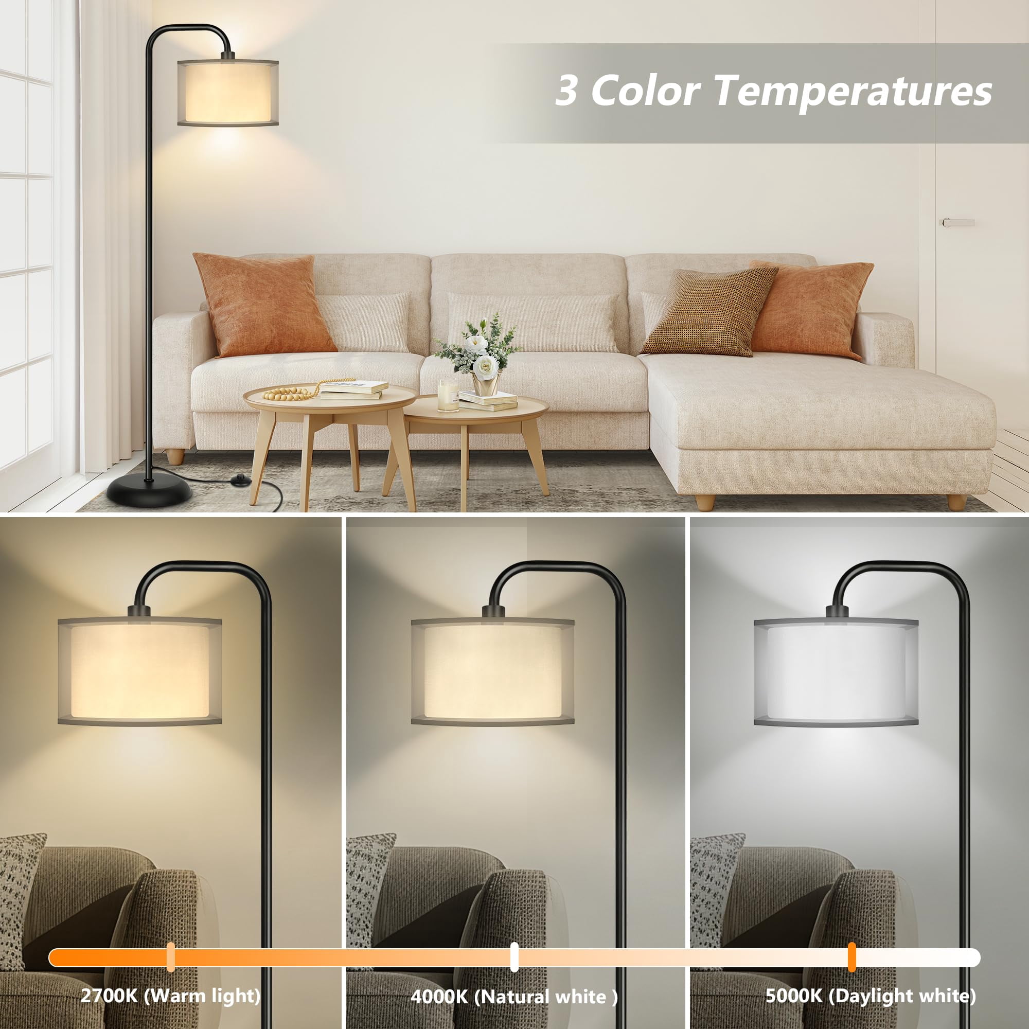 Led Floor Lamp For Living Room  Modern Standing With Foot Grey Organza Fabric Shade Tall Pole Reading Bedroom Study Office 9w Bulb Included