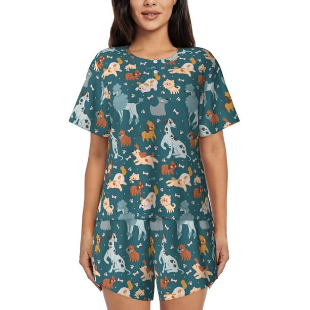 Fotbe Dogs Conjunto de Pijama Estampado para Mujer, 2 Piezas, Ropa de Dormir con Camiseta de Manga Corta y Shorts Suaves-Small
