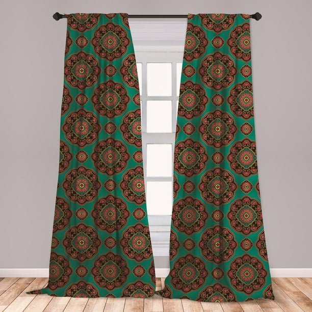 Oriental Curtains 2 Panels Set, Pattern with Floral Mandala Motifs