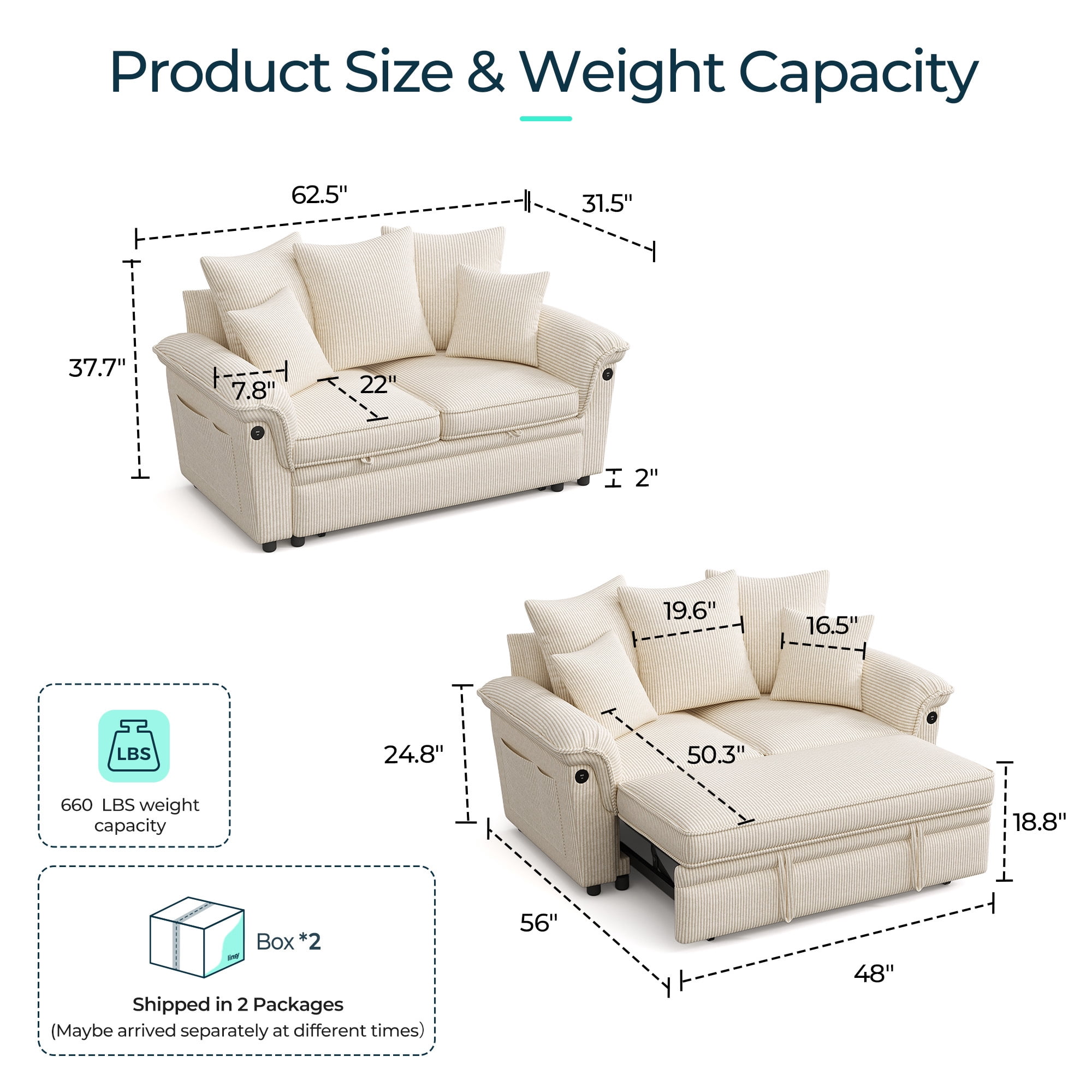 LINSY HOME Modular Sectional Sofa, Pull Out Couch Chaise Lounge, Convertible Loveseat Sofa Couch with Usb & Two Pillows, Beige