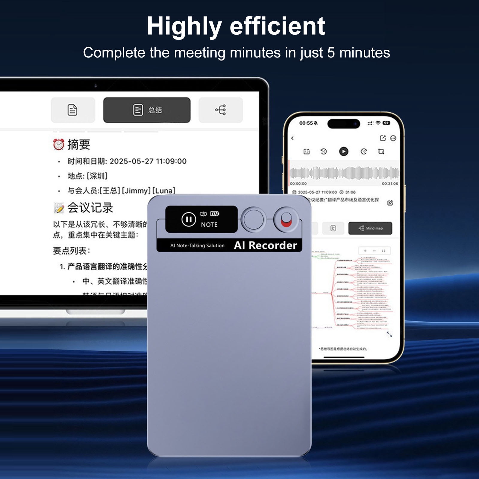 HUISZJ AI Voice Recorder, App Control Audio Recording Device, Real-Time Transcription & Translation Audio Recorder for Lectures Meetings Interviews (3.39 x 2.13 x 0.12 inch)