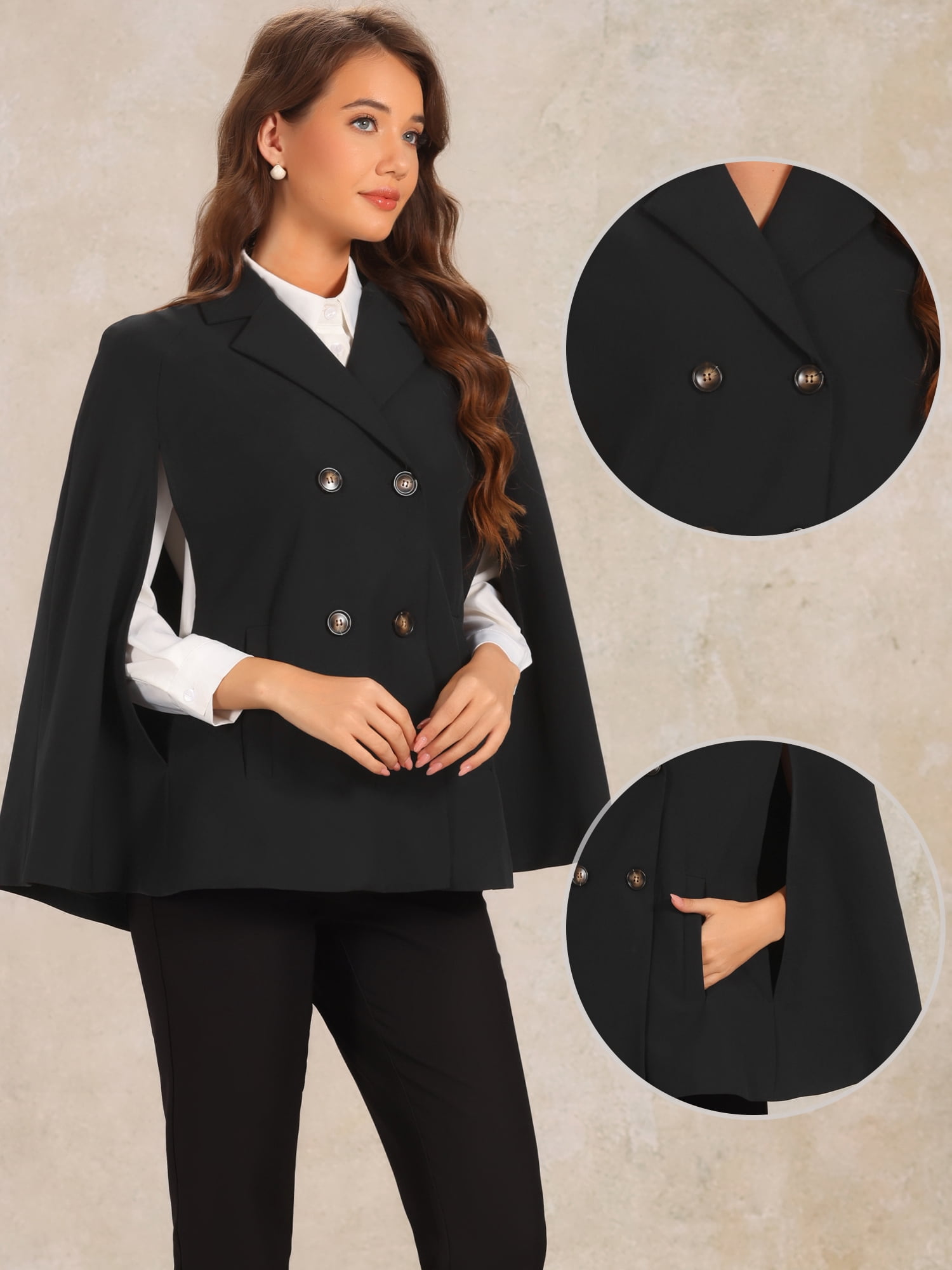 DARING DIVA Women's Double Breasted Blazer Office Cloak Cape Jacket M Black