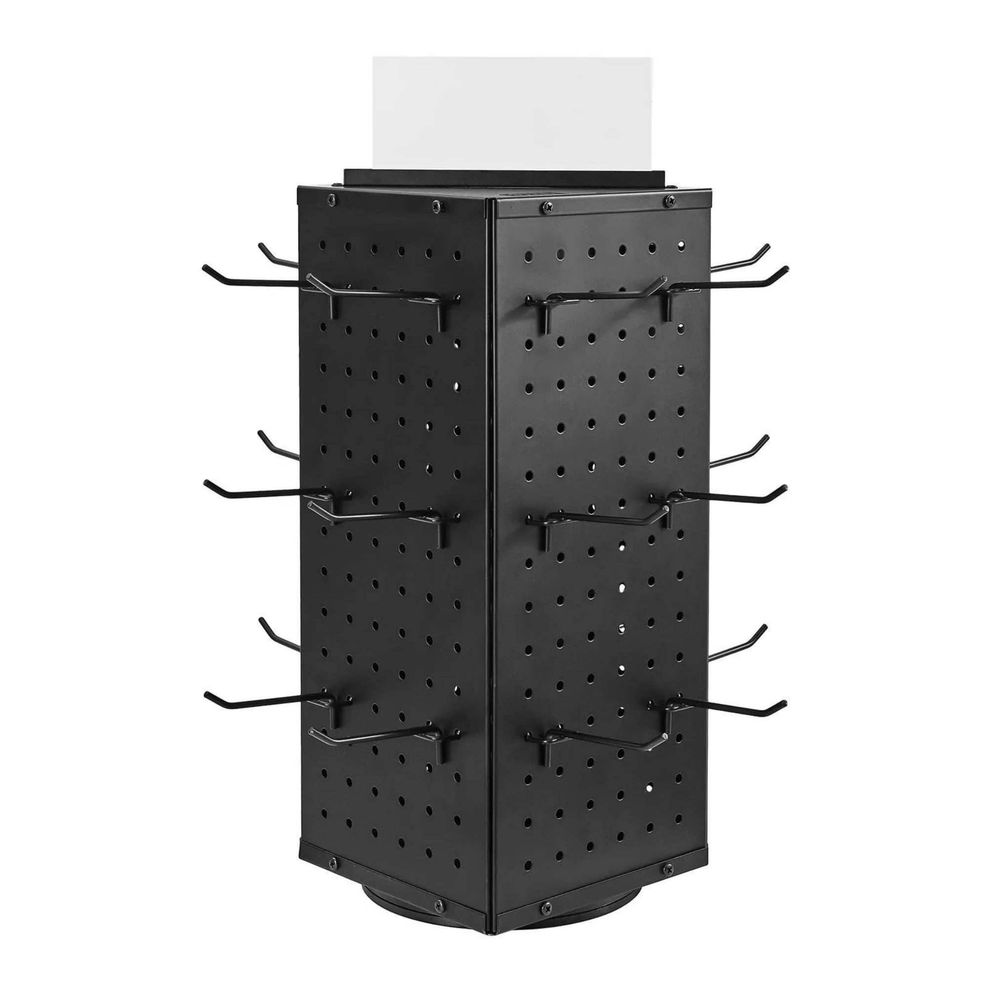 Rotating Pegboard Display Stand, 4-Sided Spinning Retail Organizer with 24 Hooks for Grocery & Jewelry Shop, 7.4 x 7.4 x 17 in