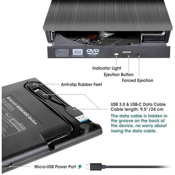 Lecteur CD/DVD externe pour ordinateur portable, 7 en 1 USB 3.0 lecteur DVD  portable ultra