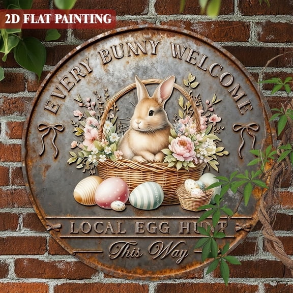 1pc Vintage "Every Bunny Welcome Local Egg Hunt" Aluminum Wall Sign - 8" Round Bunny Easter Egg Hunt Plaque for Farmhouse, Spring Party Decor - Durable, Perfect Easter Gift, 2D Flat