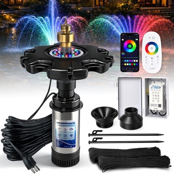 RGB LED Pond Fountain Aerator 750W with Color-Changing Light Show, 1HP 15000 GPH Floating Aerating Pump, 100ft Power Cord, Controller, APP & Remote Control, Perfect for Ponds & Lakes(120V)