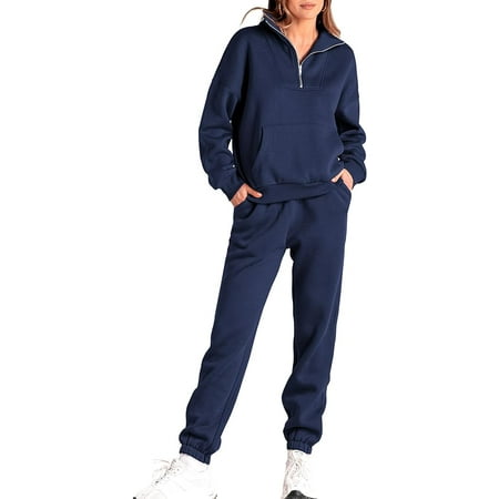 BTFBM Women 2 Piece Tracksuits Fall Winter 1/4 Zip Sweatshirt Jogger Pants Matching Lounge Sets Thick Sweatsuits Pockets