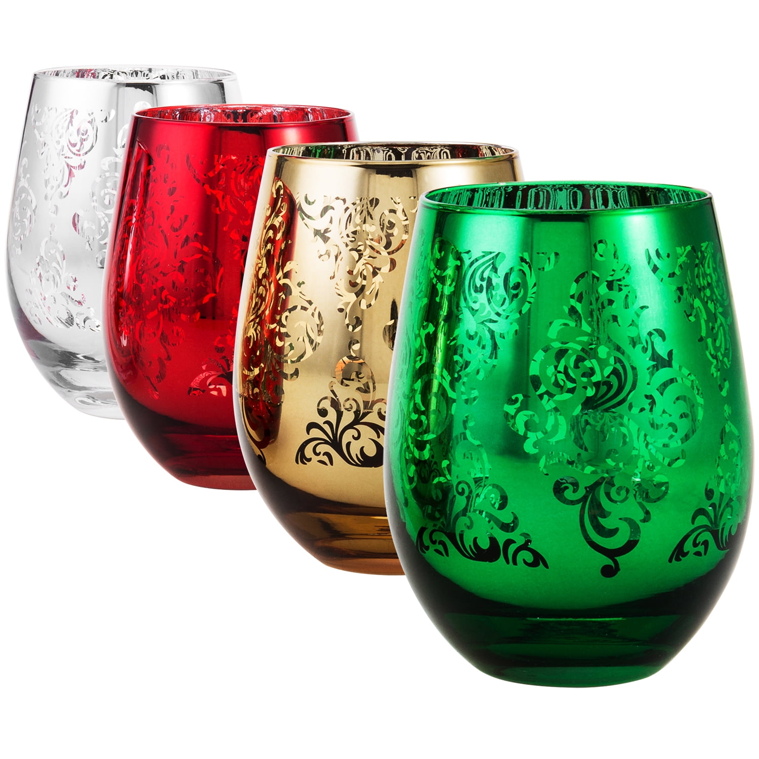 MyGift Set of 4 Modern Christmas Holiday Stemless Tumbler Wine Glasses Drinkware 