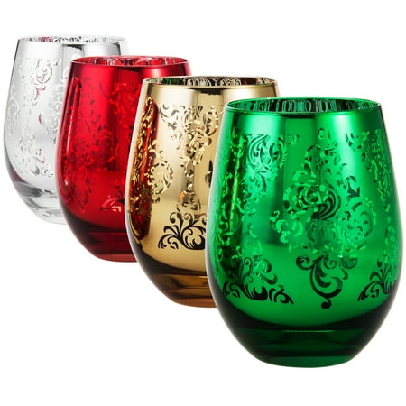 

MyGift Metallic Multi-color Christmas Themed Stemless Wine Glasses Set of 4