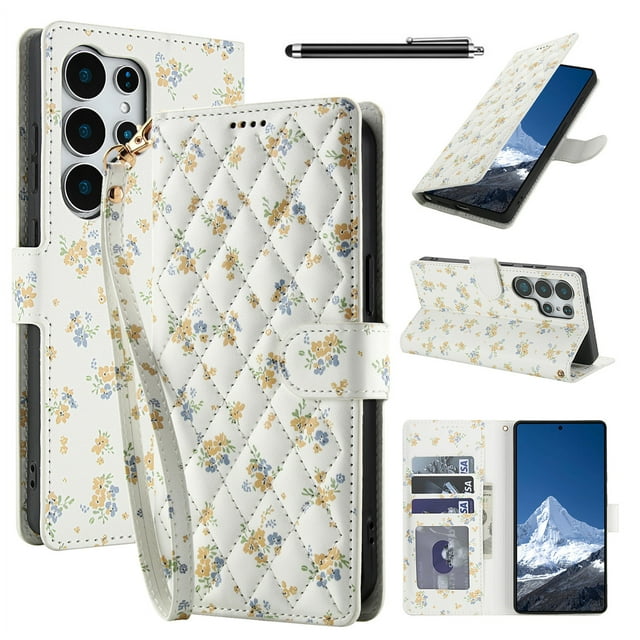 Wallet Case for Samsung Galaxy S25 Ultra , PU Leather Phone Cover Kickstand RFID Blocking Flip Case Card Slots Wrist Strap Relief Engraved Pattern Magnetic With Stylus Pen, Gold Flower