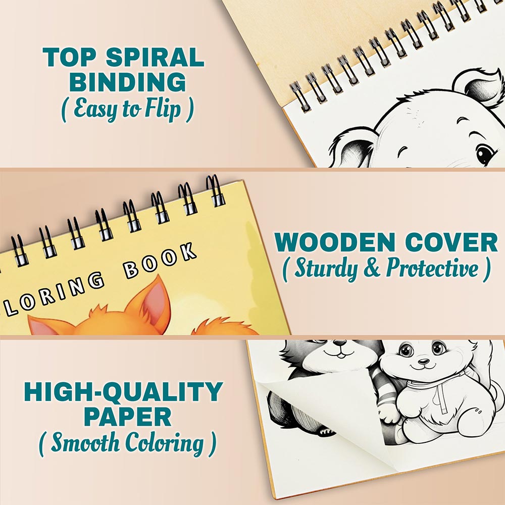 Netecom Cute Animals and Their Friends Coloring Book Spiral Bound for Adutls, A5 Wooden Cover, 30 Adorable Critters Coloring Pages of Furry Pals for Stress Relief and Relaxation
