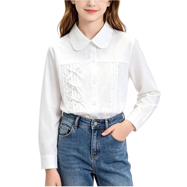 Odeerbi Camisa de Vestido de Algodón Para Niñas Peter Pan Collar Ruffle Camisas de Uniforme Escolar de Manga Larga
