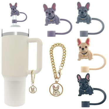 Velaco (4 1) French Bulldog Straw Covers and Metal Charm for Stanley Cup 40oz/30oz Tumbler, 10mm Reusable Cute Drinking Straw Topper Accessories, Portable Protector Plugs Decorations Gifts