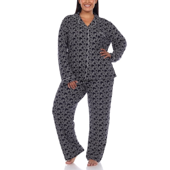 White Mark Women's Plus Size Heart Print Long Sleeve Pajama Set