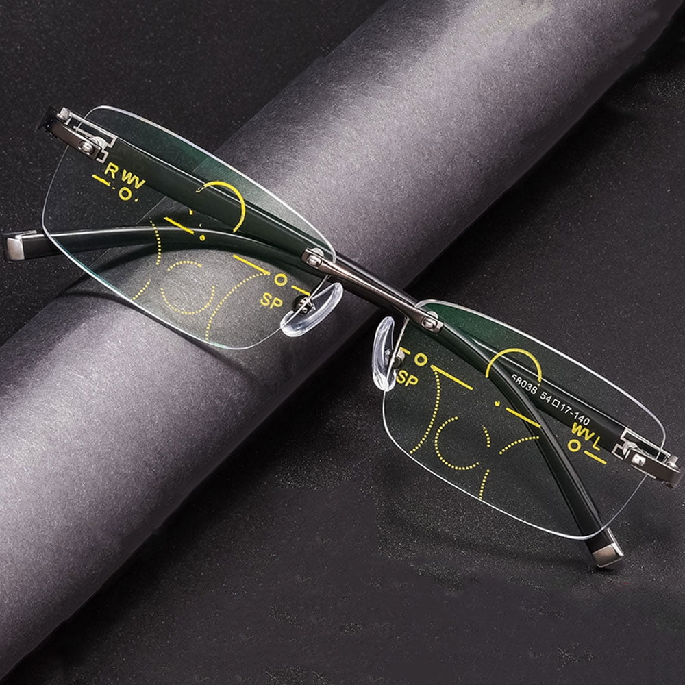 Mens Rimless Progressive Reading Glasses 2.75 Multifocus Blue Light Blocking Business Gunmetal Rectangular Readers +2.75 Strength