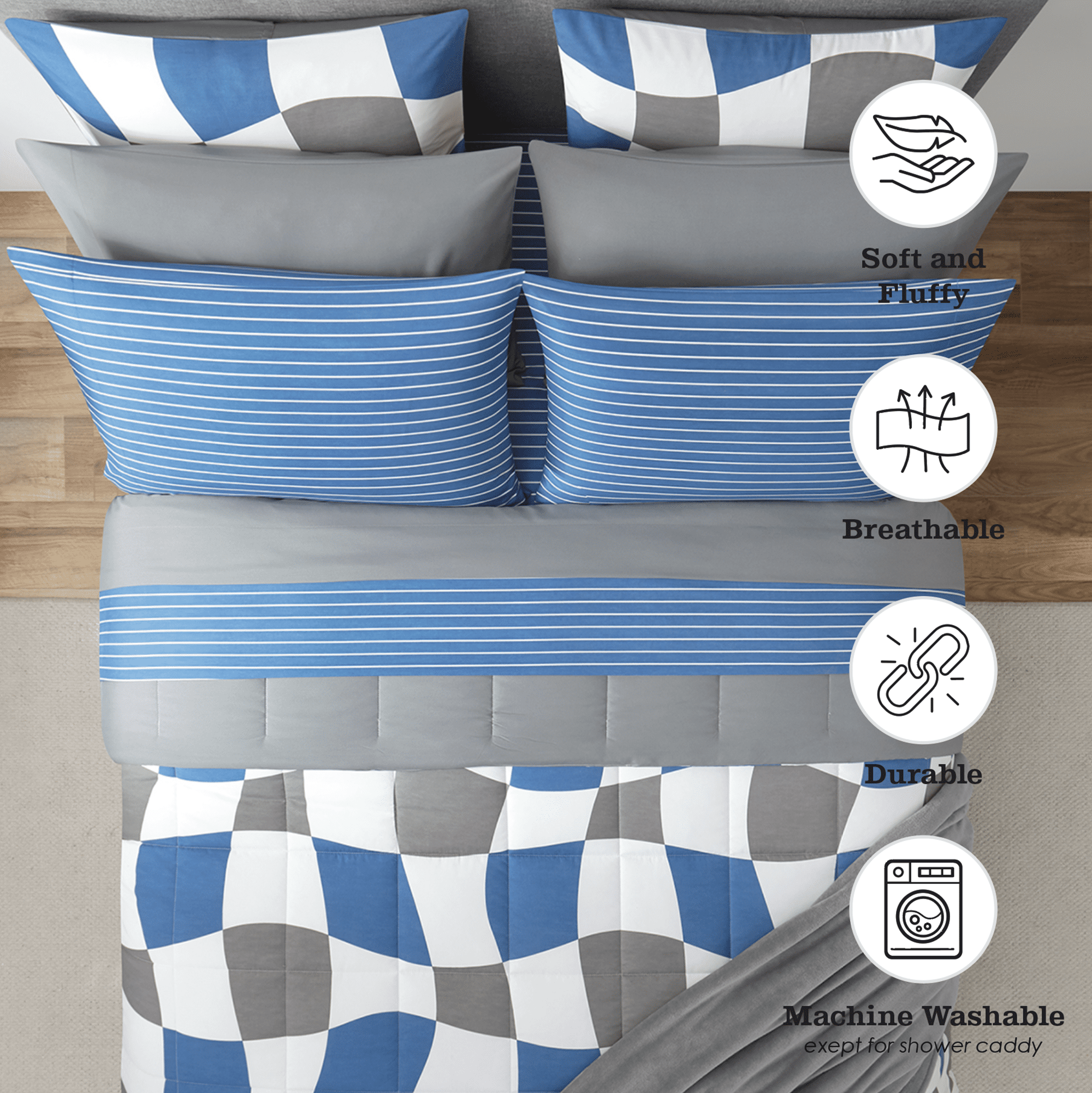 17pc College Dorm Essentials Bundle, Full, Reversible Bed in a Bag Comforter Set, Navy Checker