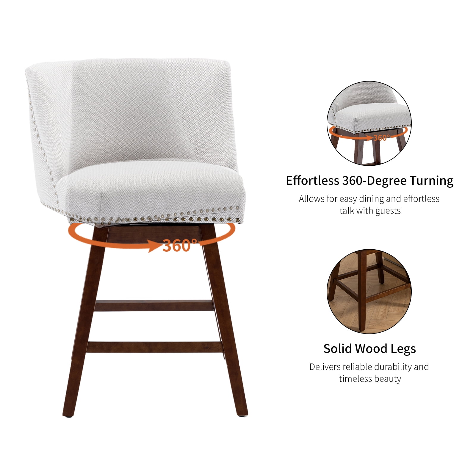 Modern Swivel Bar Stools Set of 4, Beige Counter Height Bar Stools with Back for Kitchen Island, Fabric Upholstered Island Chairs with Wood Legs, Barstool Chairs, Sillas para Barra de Cocina