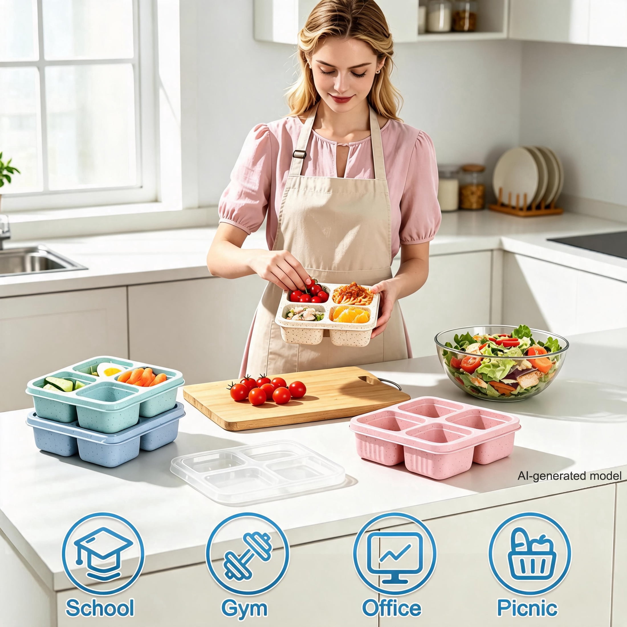 4 Compartment Food Storage Tray with Lids, 4 Pack Reusable Divided Lunch Box, Portable Wheat Straw Bento Box for School Office Picnic