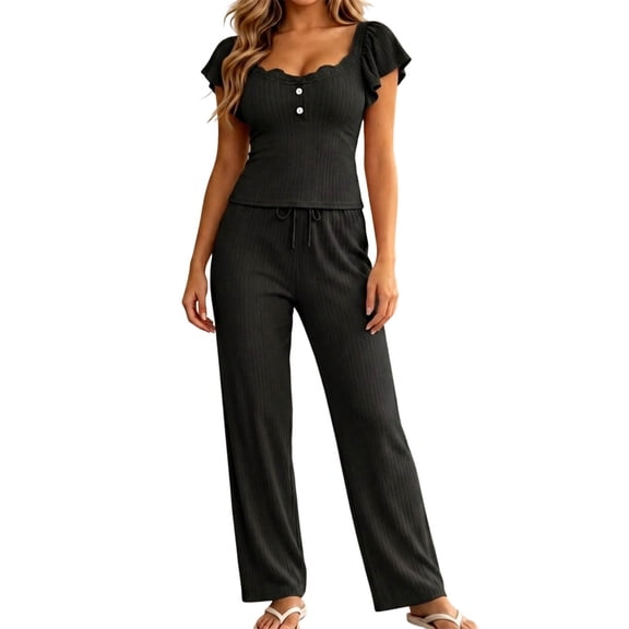 Enjoytime Pajama Sets for Women 2 Piece Ruffle Square Neck Short Sleeve Sleepwear Wide Leg Pants Matching Lounge Set