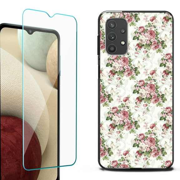 Slim-Fit Flexible TPU Gel Phone Case (black) for Samsung Galaxy A32 5G, with Tempered Glass Screen Protector, by OneToughShield ® - Floral/Rose