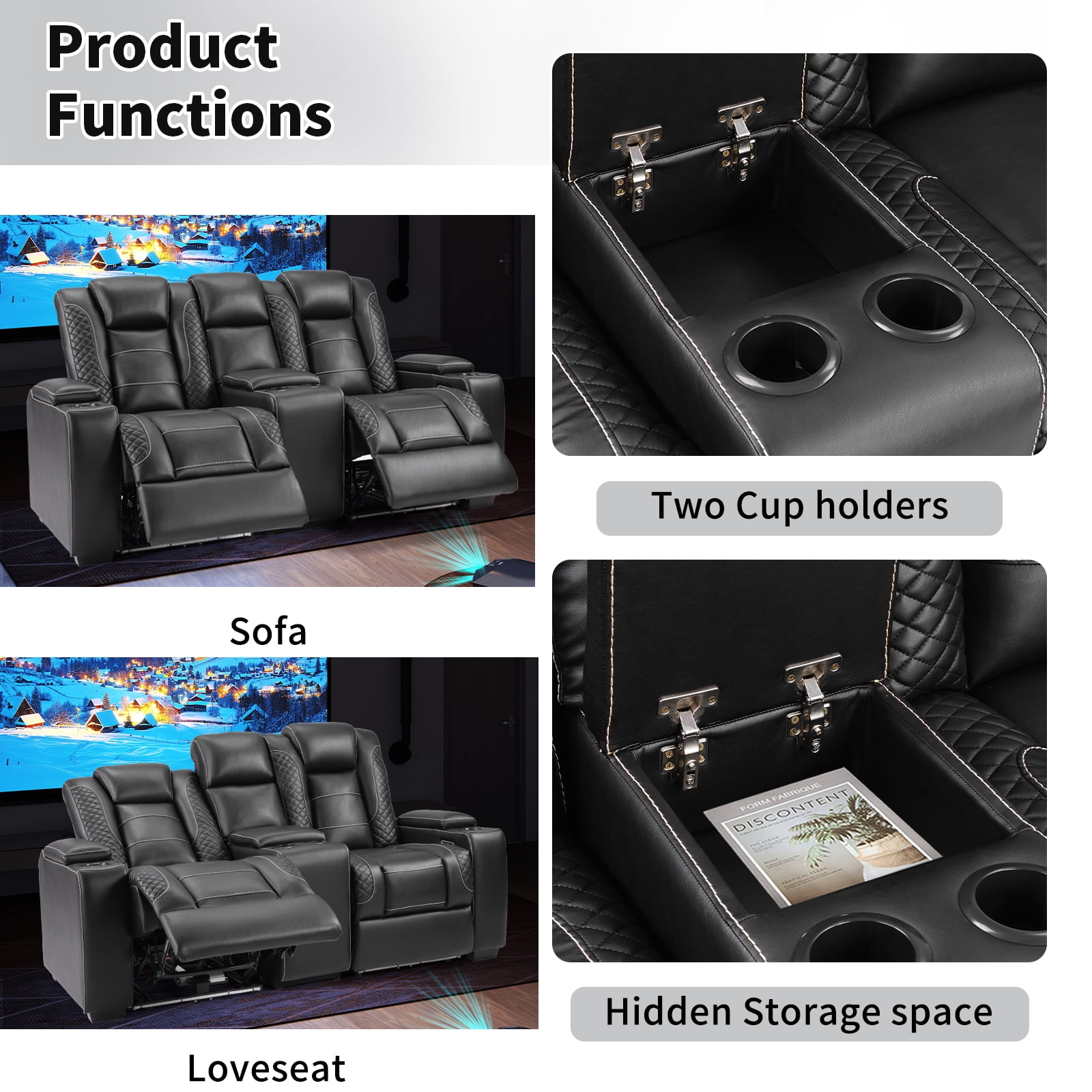 Bonzy Home Power Theater Loveseat Recliner — PU Leather Power Recliner with Center Console, USB Ports, LED Lights & Adjustable Headrests, Black