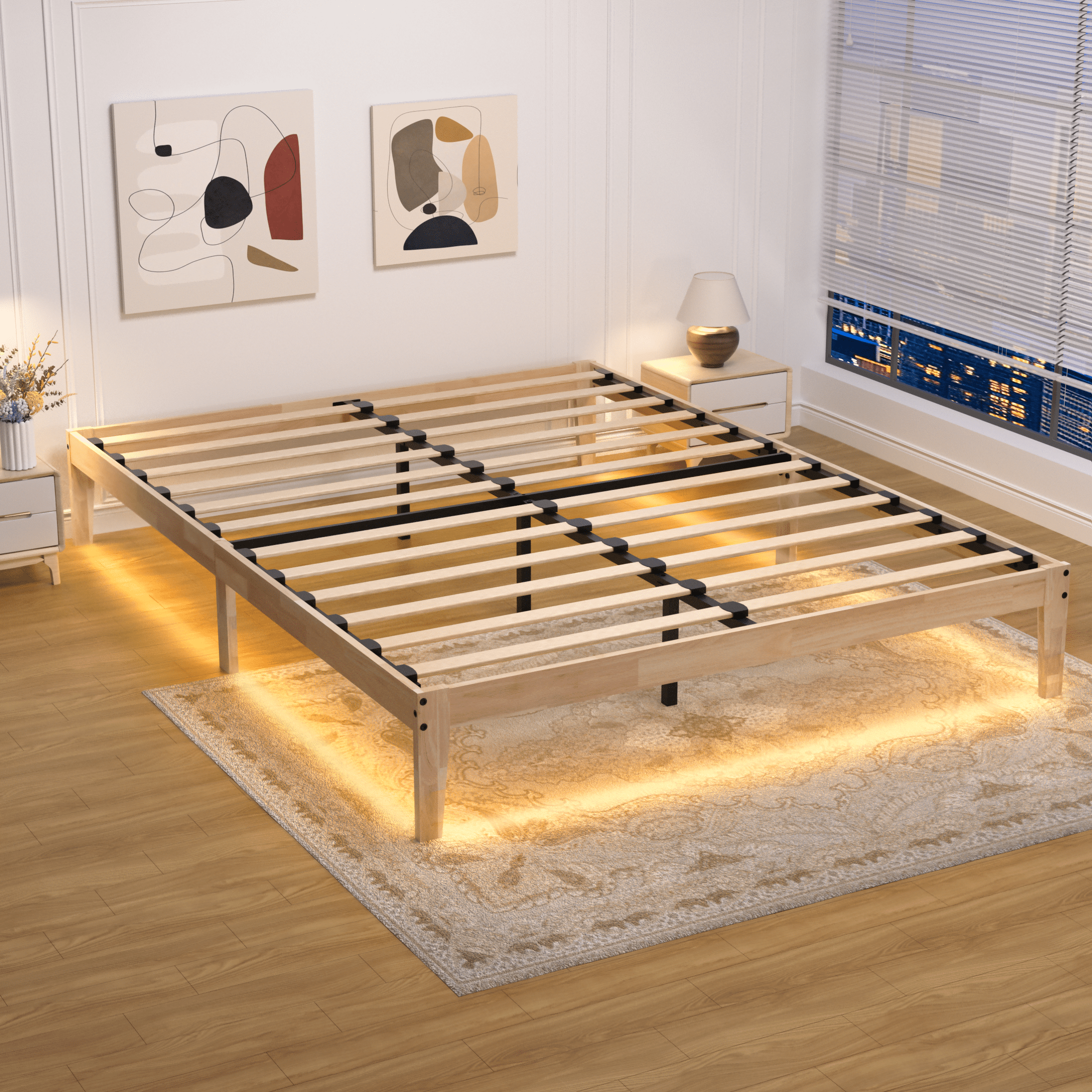 Queen Wood Bed Frame, Wood Platform Bed Frames with LED Lights, 8.7" Under-Bed Storage, Noise-Free, Easy Assembly, 12"