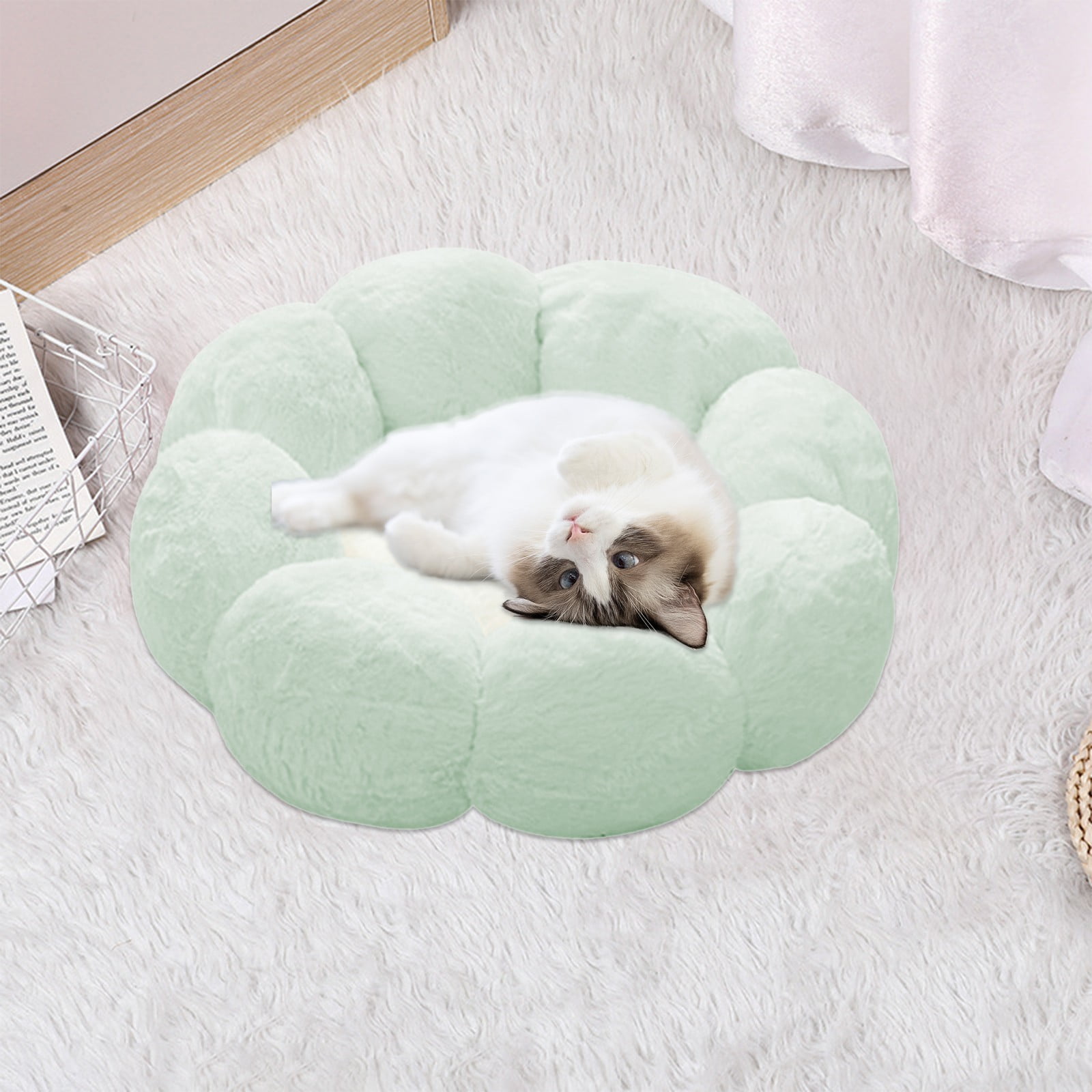 Nebwoak Round Cat Bed Warm Rounded Petals Calming Dog Cats Bed Cuddler Warming Cozy Soft Bed Faux Furs Cushion Bed for Small Medium Dogs and Cats