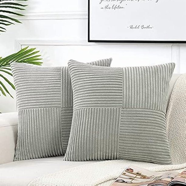 Chenchen 2 Packs Grey Decorative Throw Pillow Covers 16x16 Inch for Living Room Couch Bed Sofa, Rustic Farmhouse Boho Home Decor, Soft Corss Patchwork Corduroy Textured Square Cushion Case 40x40 cm