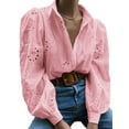 thumbnail image 3 of Womens Long Puff Sleeve Blouse V Neck Buttons Hollow Out Lace Embroidered Blouses Shirts Pink S, 3 of 9