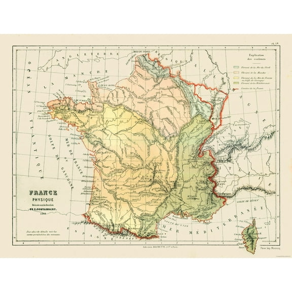 Historic Map - France Physical - Cortambert 1880 - Vintage Wall Art