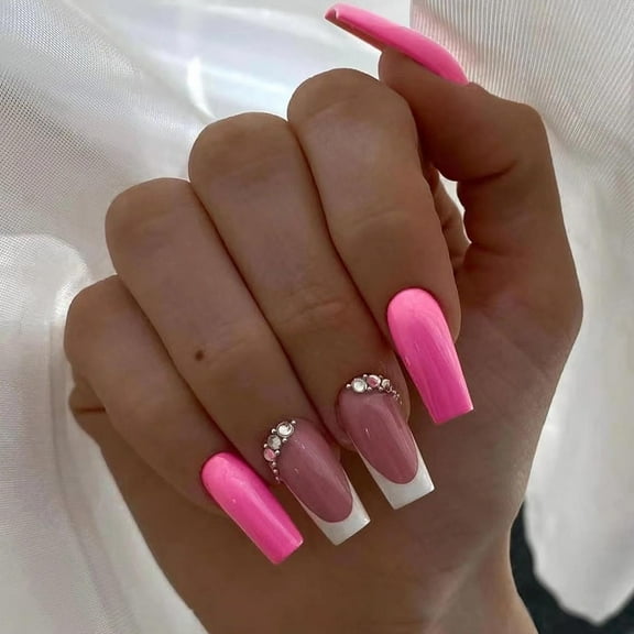 Press on Nails Long Coffin Fake Nails Glossy Glue on Nails Summer Hot Pink Acrylic Nails French Tip Ballerina Artificial Nails 3D Rhinestone Stick on False Nails with Design 24 pcs 019A14Pink 0.04