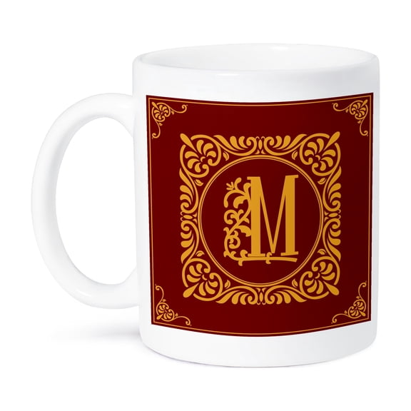 3drose, Beautiful Ornamental Burgundy, Yellow Monogram. Fair Initial M, 15oz Mug