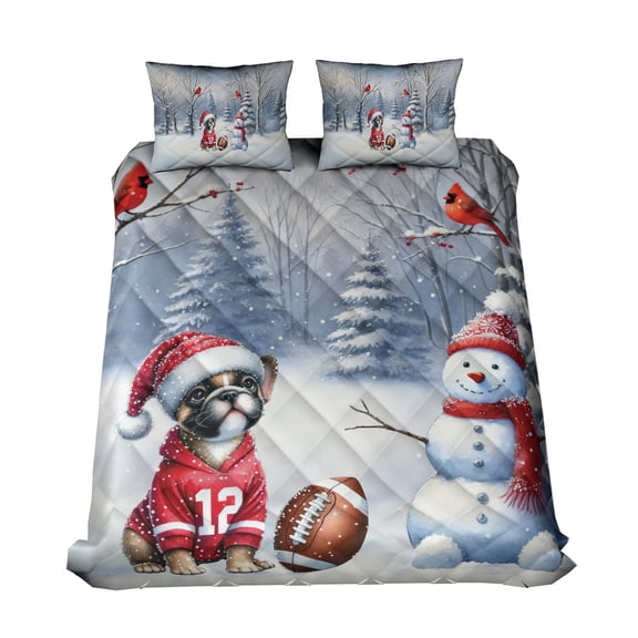 Hello Winter French Bulldog Football Snowman Welcome Snowy Morning Quilt Bedding Set Dog Lover Gifts 1 Blanket Bed Cover 2 Pillowcases - 01012
