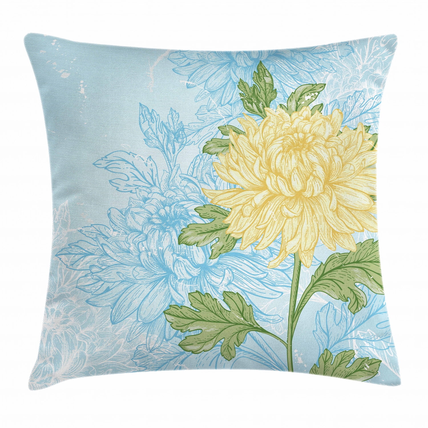 Flower Throw Pillow Cushion Cover, Yellow Flower Chrysanthemum on a Blue Abstract and Romantic