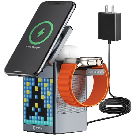 OXAA Support de Recharge Sans Fil 5-en-1 avec Réveil, Haut-Parleur Bluetooth et Écran Pixel pour Appareils Apple, iPhone, Apple Watch et AirPods, Recharge Rapide Qi2, Comprend un Adaptateur 25 W