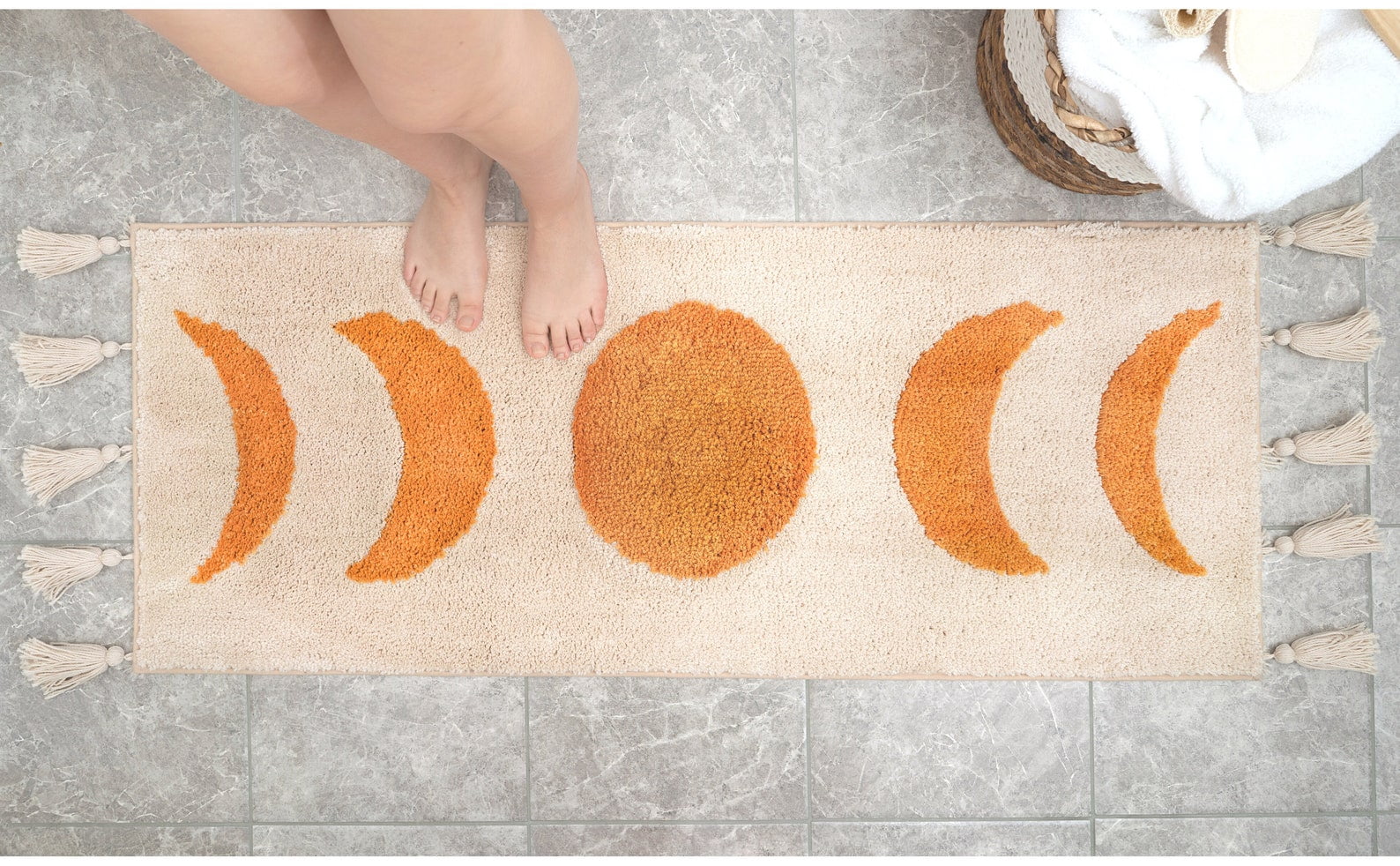 Boho Bathroom Rug Runner Moon Phases Bath Mat with Tassels - Half Moon Bohemian Rugs for Bathroom, Bedroom, Shower Moon Rug for Hippie, Witchy Decor - Boho Area Rug Beige Neutral Creamy Orange 20x50