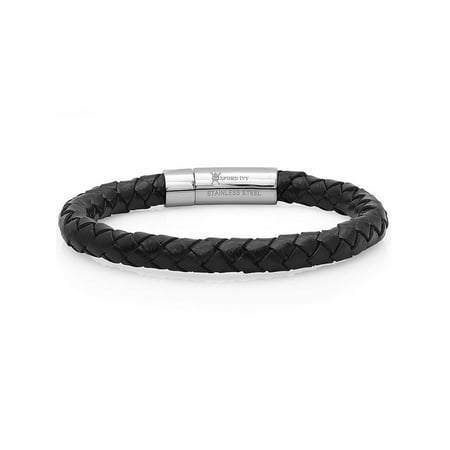 Oxford Ivy  Braided Black Leather Mens Bracelet 8 mm 8 1/2 inches with Locking Stainless Steel