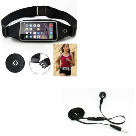 Black Sport Workout Belt Waist Bag Case w Flat Wired Headset MONO Handsfree Earphone Mic Q3A for Coolpad Defiant, Canvas, Catalyst, Illumina - Doro Doro 824 SmartEasy - Google Pixel XL 3a