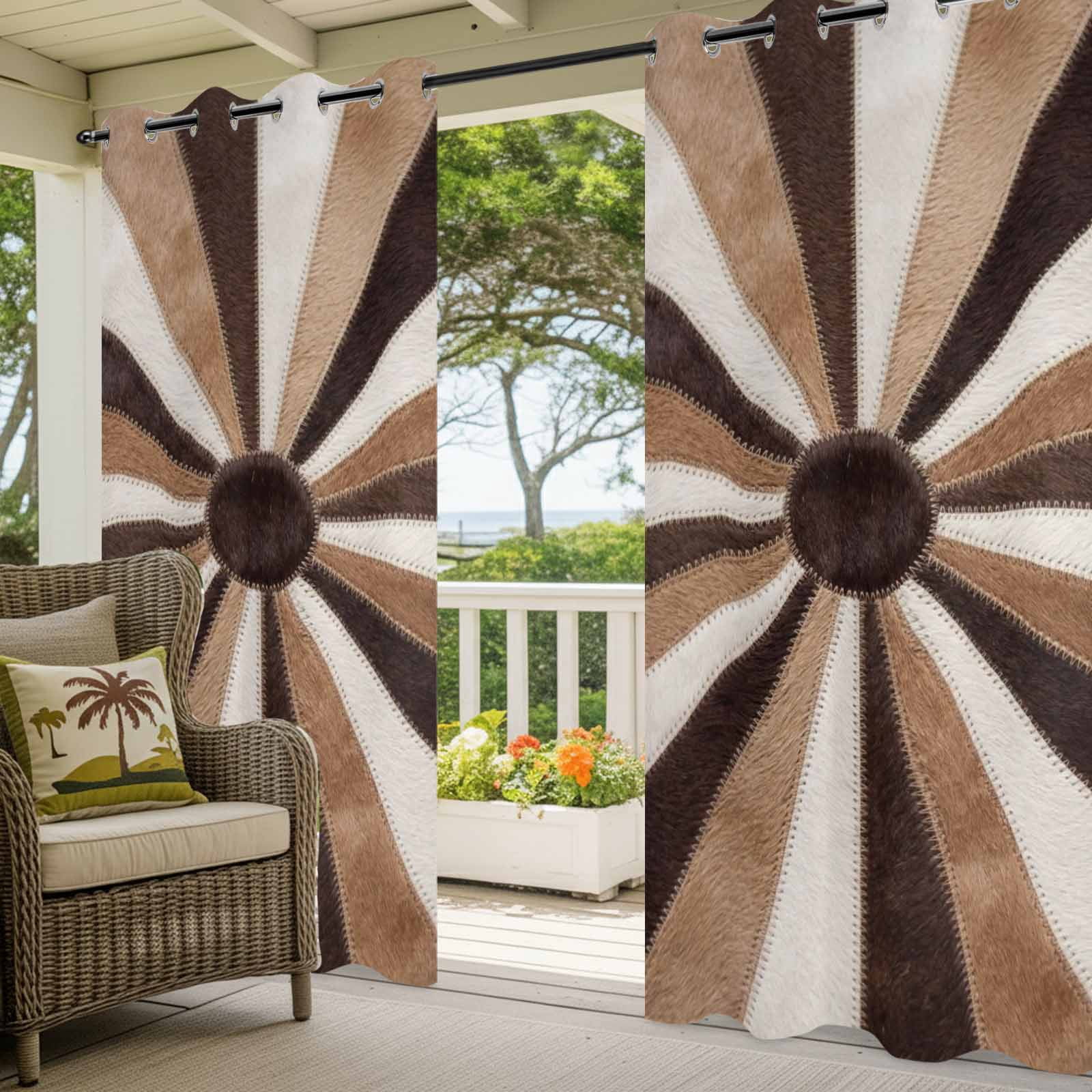 Radial Patchwork Outdoor Curtains for Patio, Country Abstract Beige Brown Cream Symmetrical Rays Sunshade Privacy Drapes Grommet Waterproof Outside Curtains for Porch/Cabana/Balcony 54"x108", 1 Panel