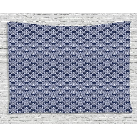 Bayberry Blue Japan Navy Blue Tapestry, Abstract Floral Damask with Antique Victorian Design Renaissance Flourish, Wall Hanging for Bedroom Living Room Dorm Decor, 60W X 40L Inches, Dark Blue Bayberry, by Ambesonne ()