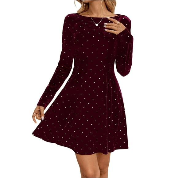 Polka Dot Velvet Dress, Long Sleeve Sparkle Embellished Dress with Defined Waist, Glamorous Holiday Party Dress for Christmas and New Year's Eve Wine L